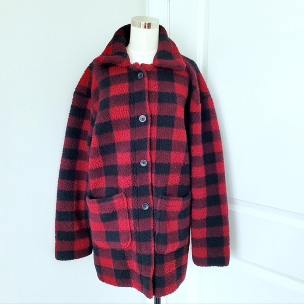LEE Red/Black Plaid Sherpa Shacket Comfy Cozy Fall Fleece Travel Winter Vegan - Picture 2 of 10